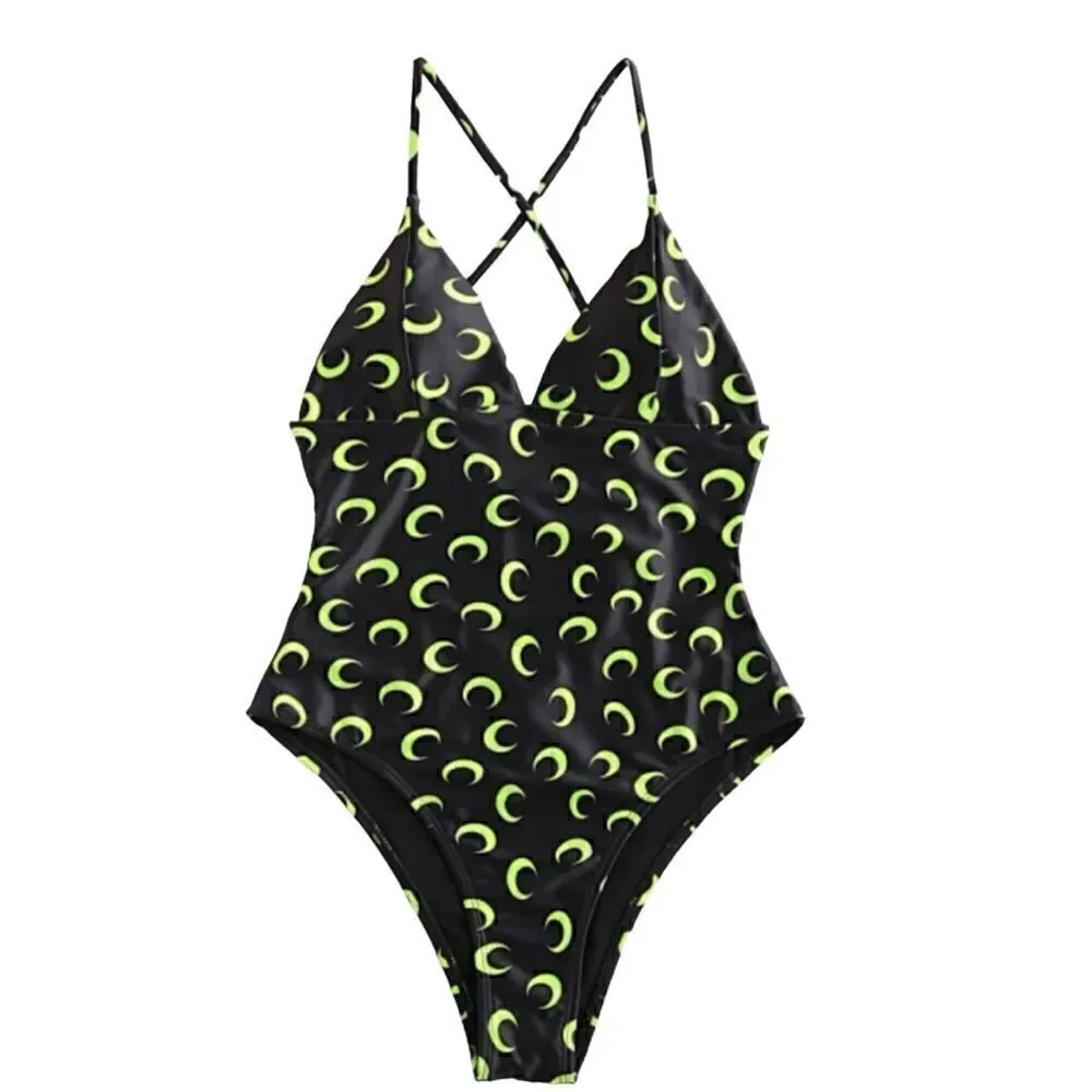 Zaful Swimsuit Black Neon Crescent Moon Size Small NEW With Tags